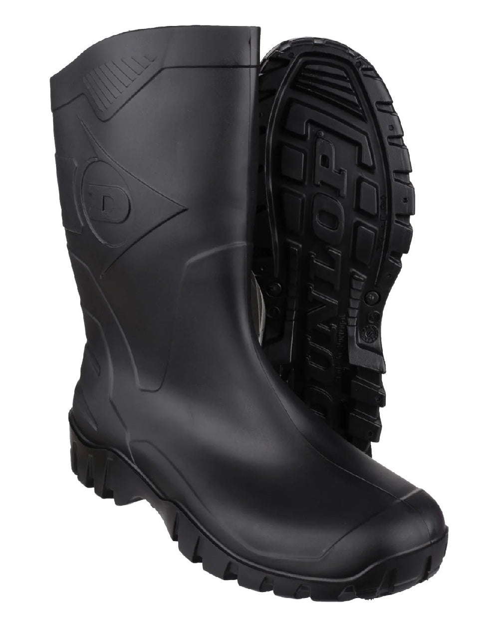 Black coloured Dunlop Dee Calf Length Wellingtons on white background