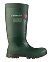 Green coloured Dunlop FieldPro Full Safety Wellingtons on white background #colour_green