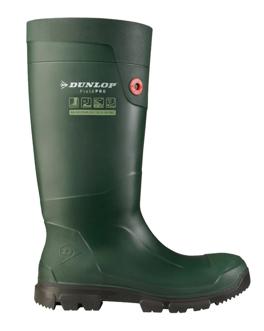 Green coloured Dunlop FieldPro Full Safety Wellingtons on white background