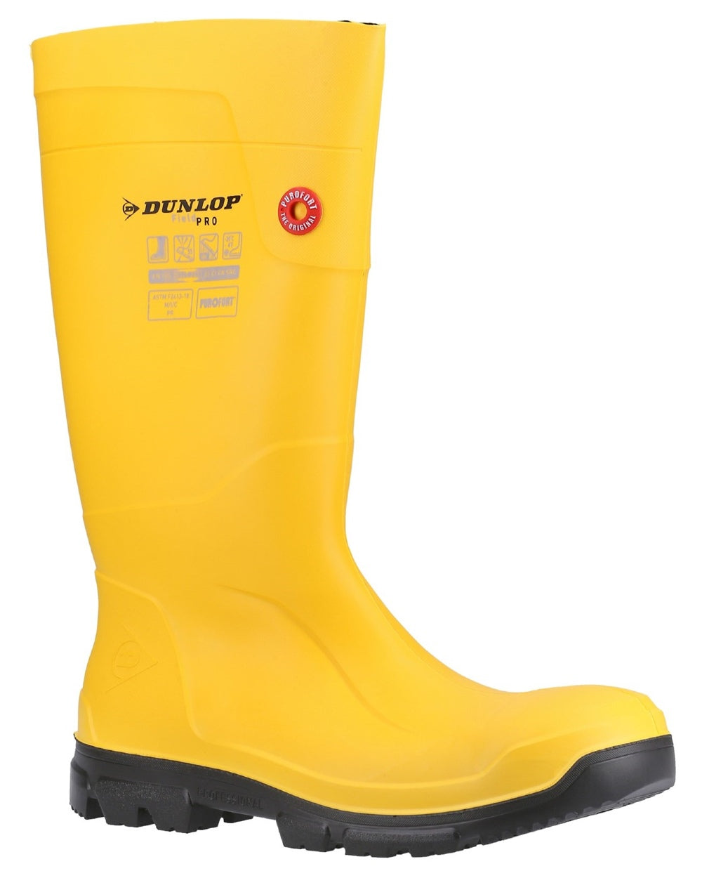 Yellow coloured Dunlop FieldPro Full Safety Wellingtons on white background