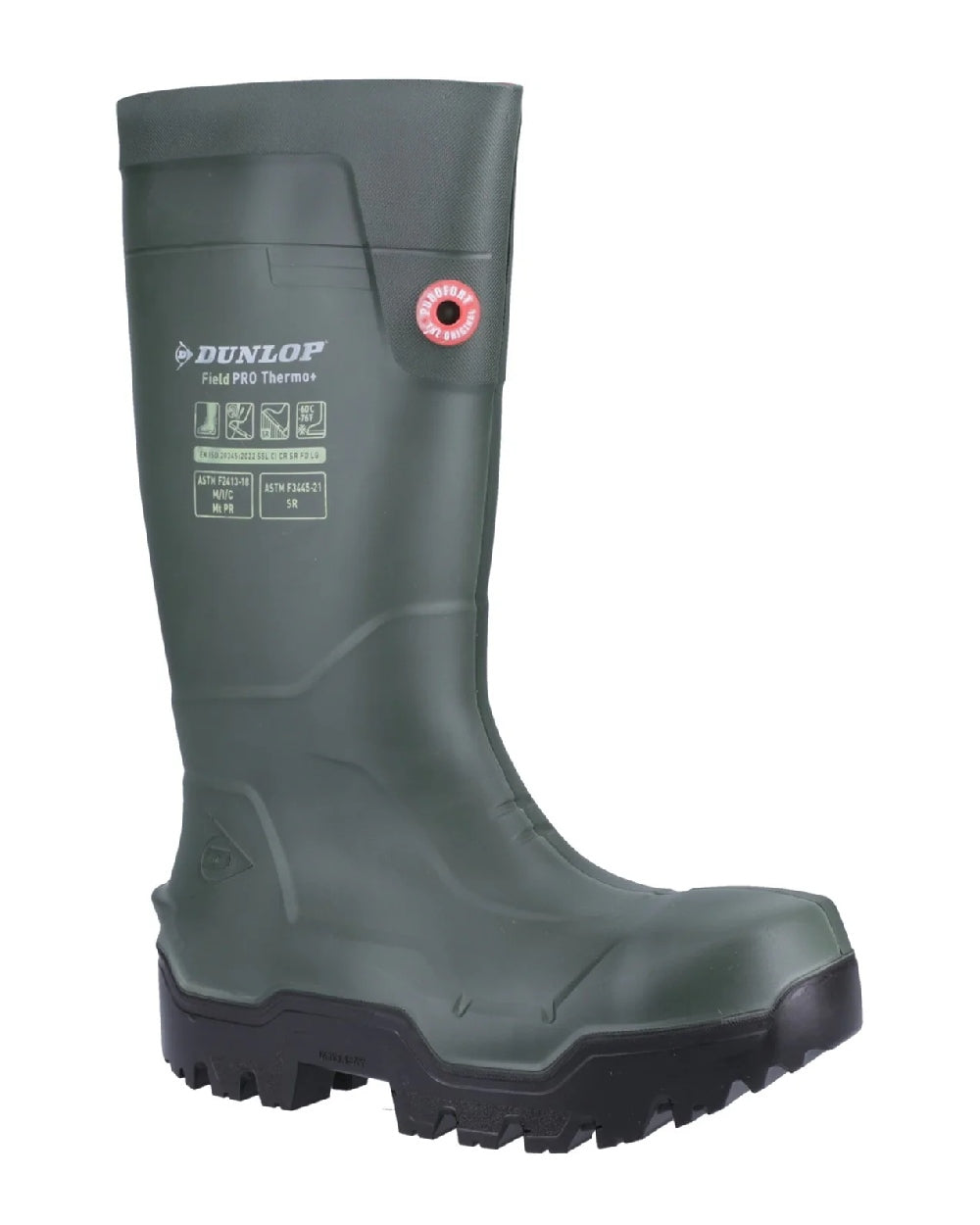 Heritage Green/Black coloured Dunlop FieldPro Thermo Plus Safety Wellingtons on white background