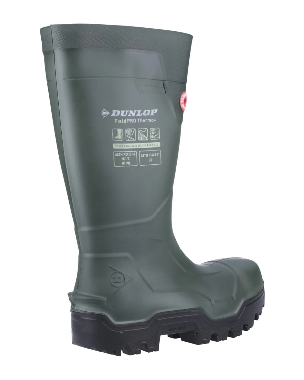 Heritage Green/Black coloured Dunlop FieldPro Thermo Plus Safety Wellingtons on white background