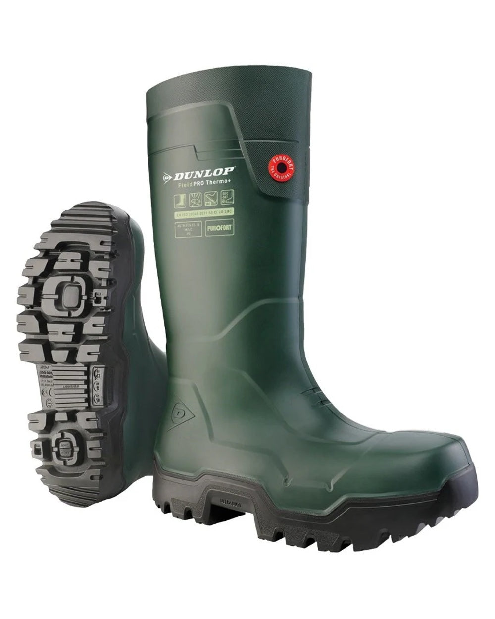 Heritage Green/Black coloured Dunlop FieldPro Thermo Plus Safety Wellingtons on white background