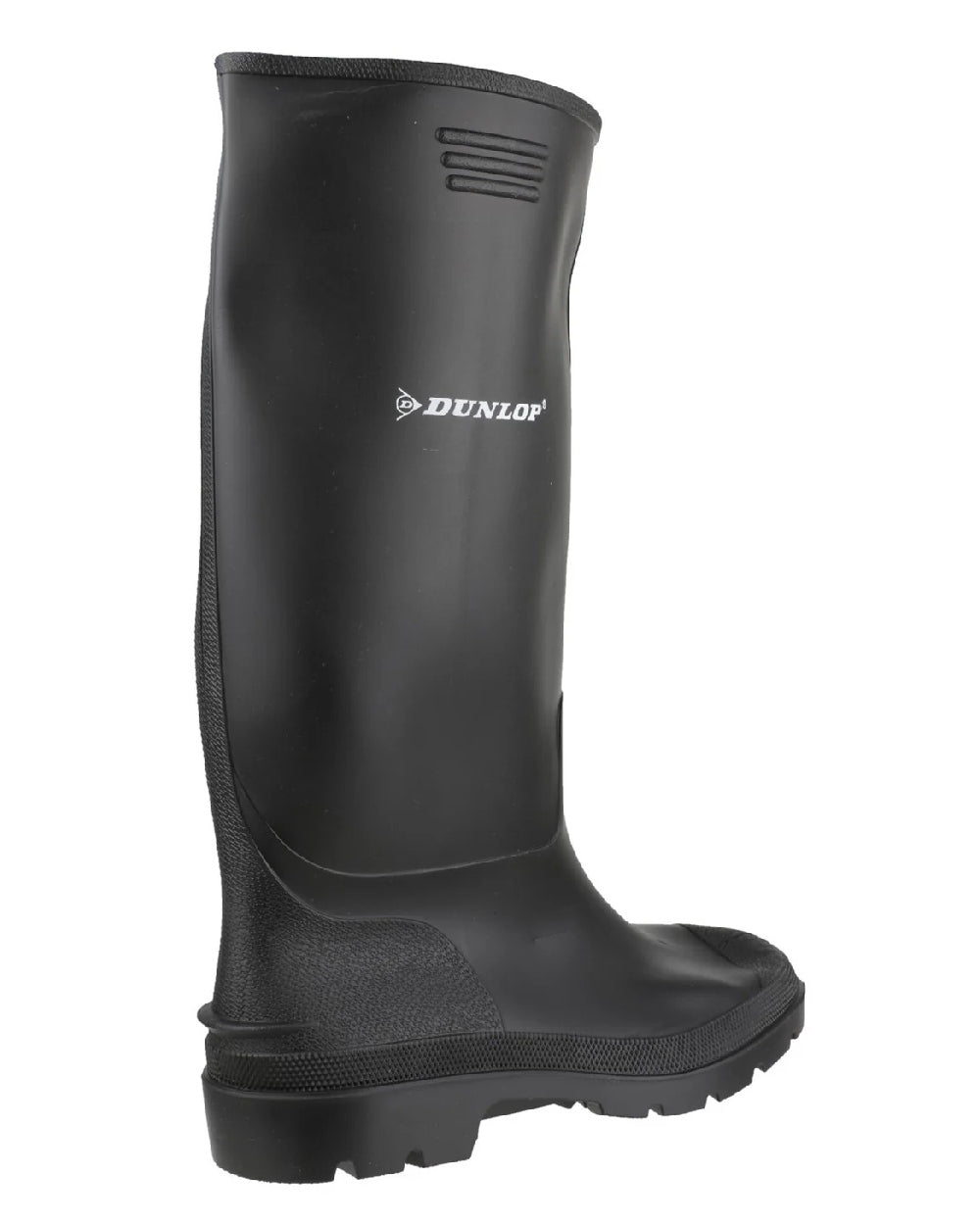 Black coloured Dunlop Pricemastor Wellingtons on white background