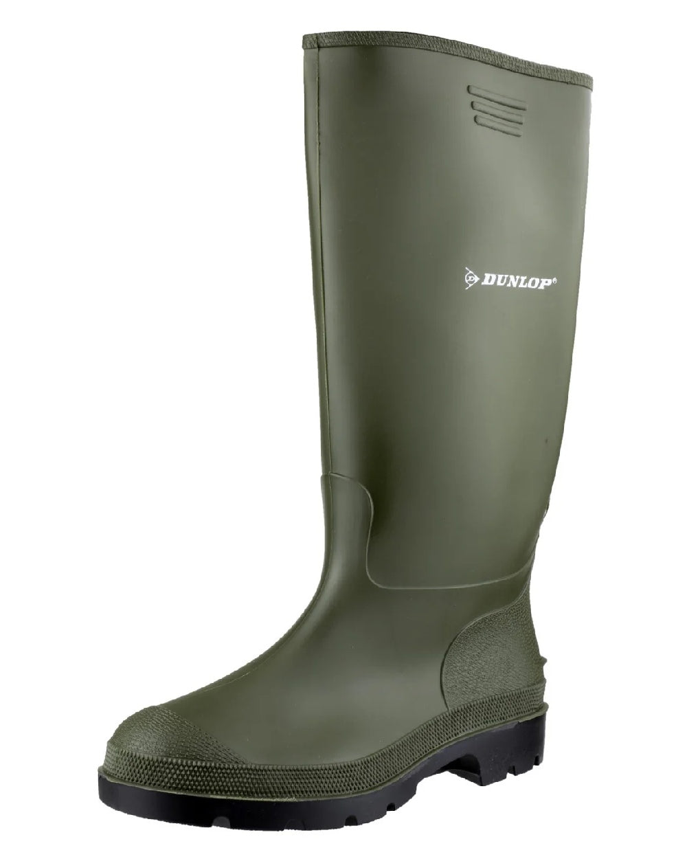 Green coloured Dunlop Pricemastor Wellingtons on white background