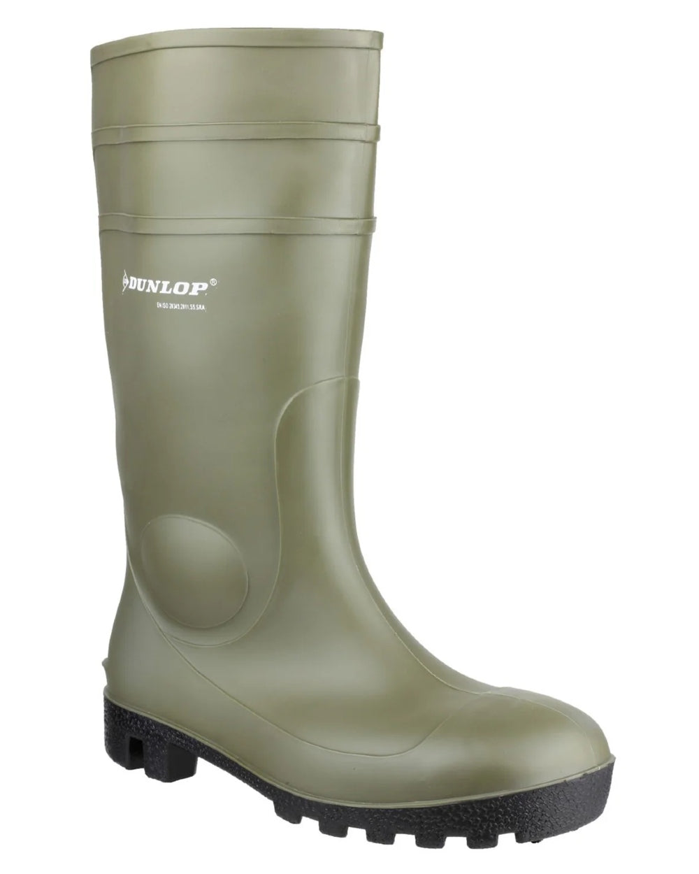 Green coloured Dunlop Protomastor Safety Wellingtons on white background