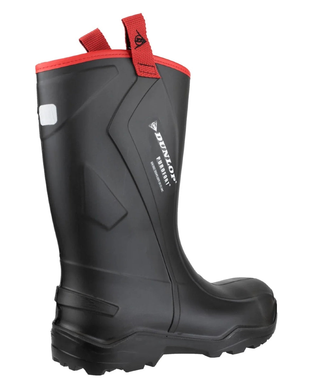 Black coloured Dunlop Purofort+ Rugged Full Safety Wellingtons on white background 