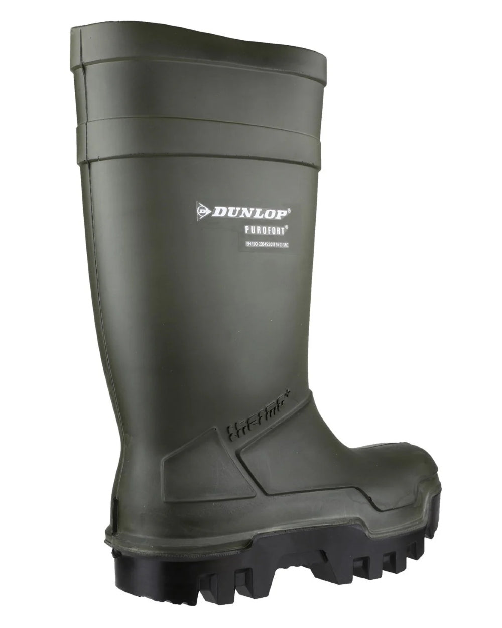 Green coloured Dunlop Purofort Thermo+ Full Safety Wellington on white background
