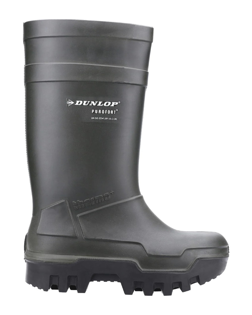 Green coloured Dunlop Purofort Thermo+ Full Safety Wellington on white background