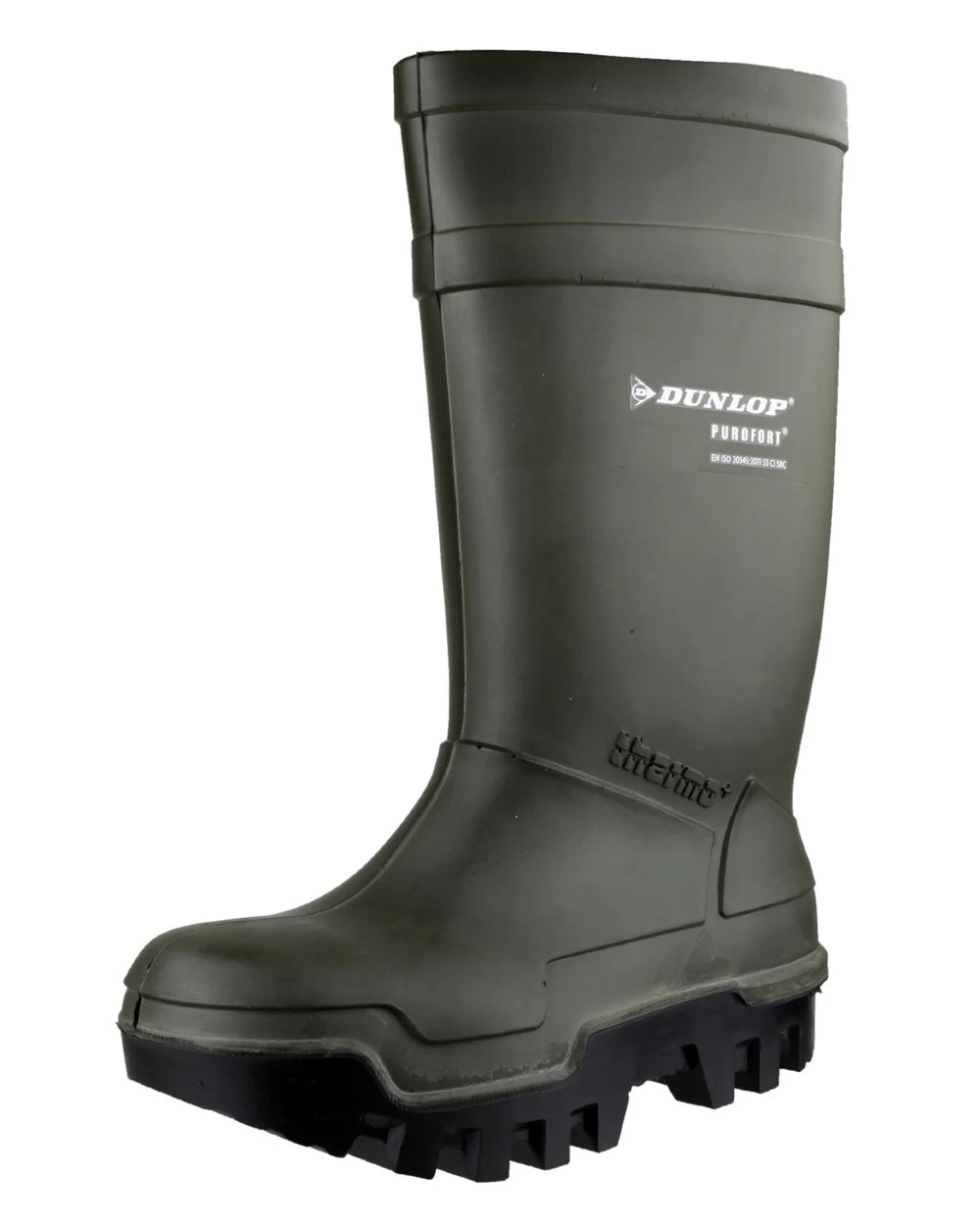 Green coloured Dunlop Purofort Thermo+ Full Safety Wellington on white background