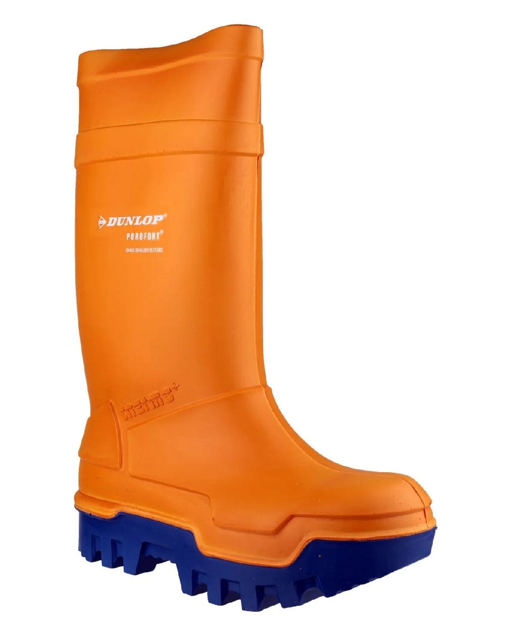 Orange coloured Dunlop Purofort Thermo+ Full Safety Wellington on white background