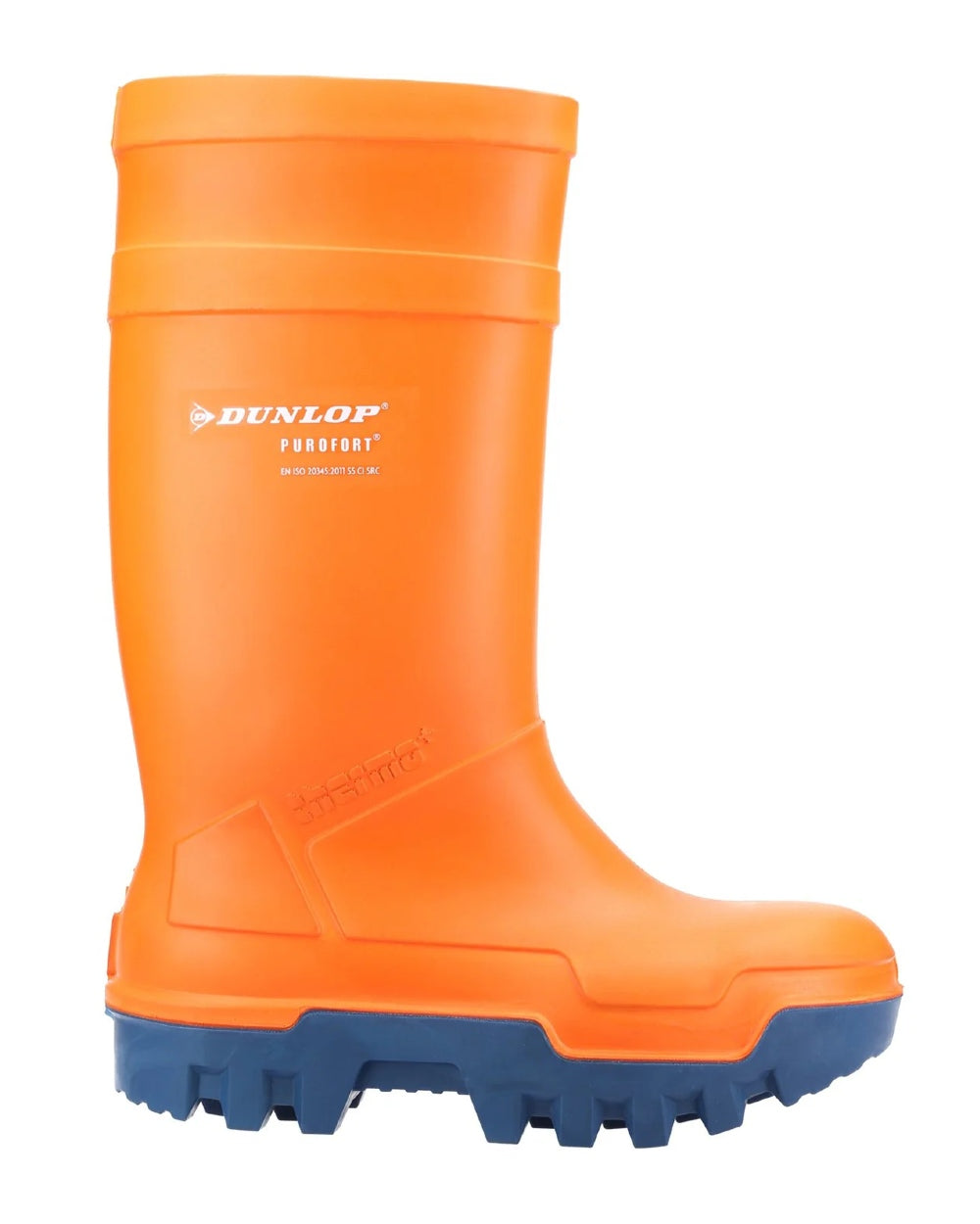 Orange coloured Dunlop Purofort Thermo+ Full Safety Wellington on white background