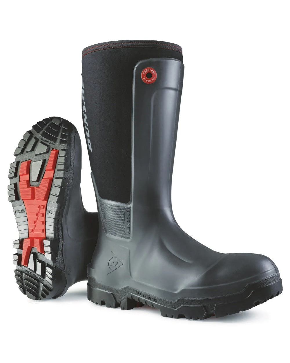 Black coloured Dunlop Snugboot Workpro Full Safety Wellingtons on white background 