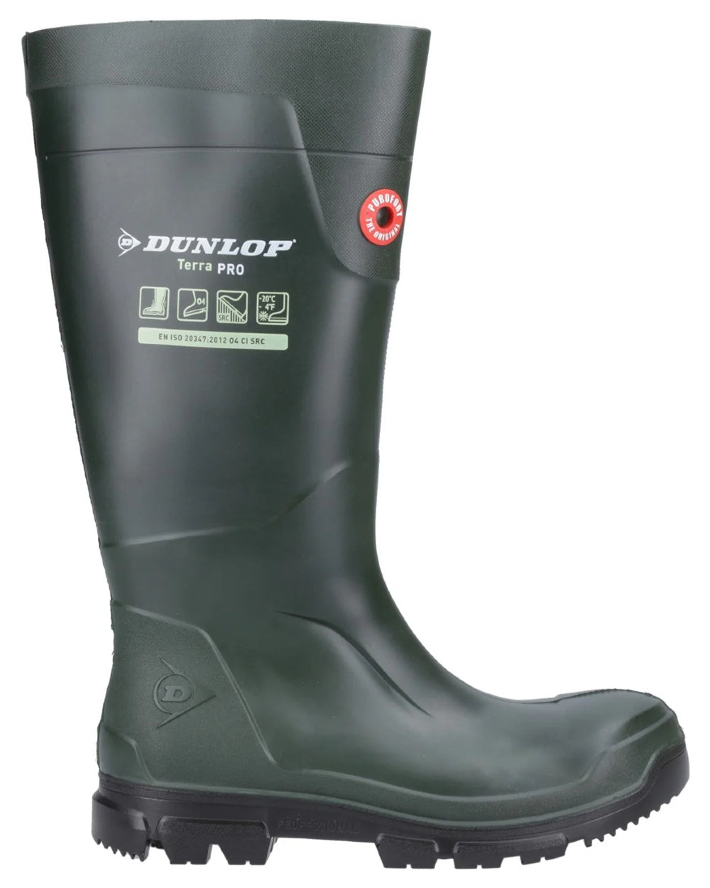 Green coloured Dunlop TerraPro Full Safety Wellingtons on white background 