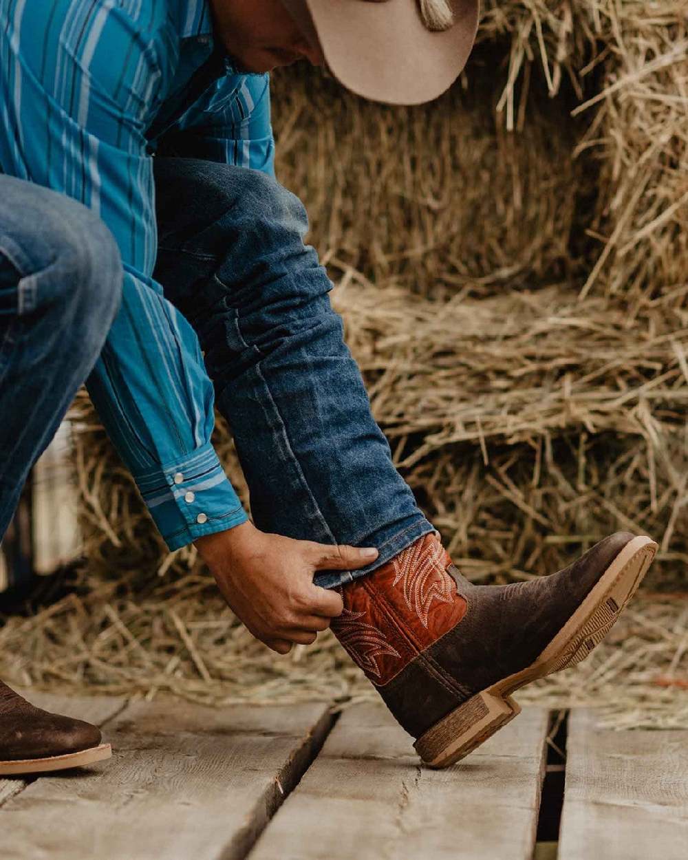 Worn Brown Chili Pepper Coloured Durango Mens Rebel Pro Western Unique Boots on Outdoor Background