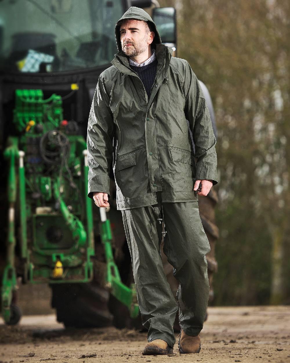 Olive Coloured Fort Airflex Waterproof Breathable Trousers On A Street Background