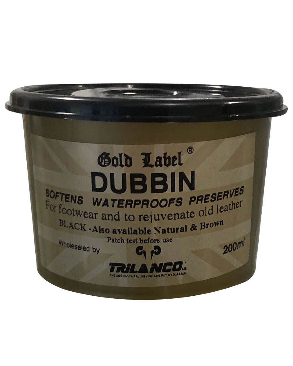 Black Coloured Gold Label Dubbin On A White Background