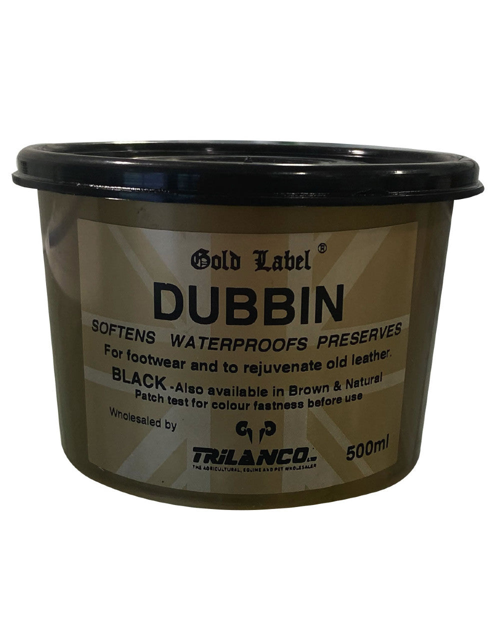Black Coloured Gold Label Dubbin On A White Background