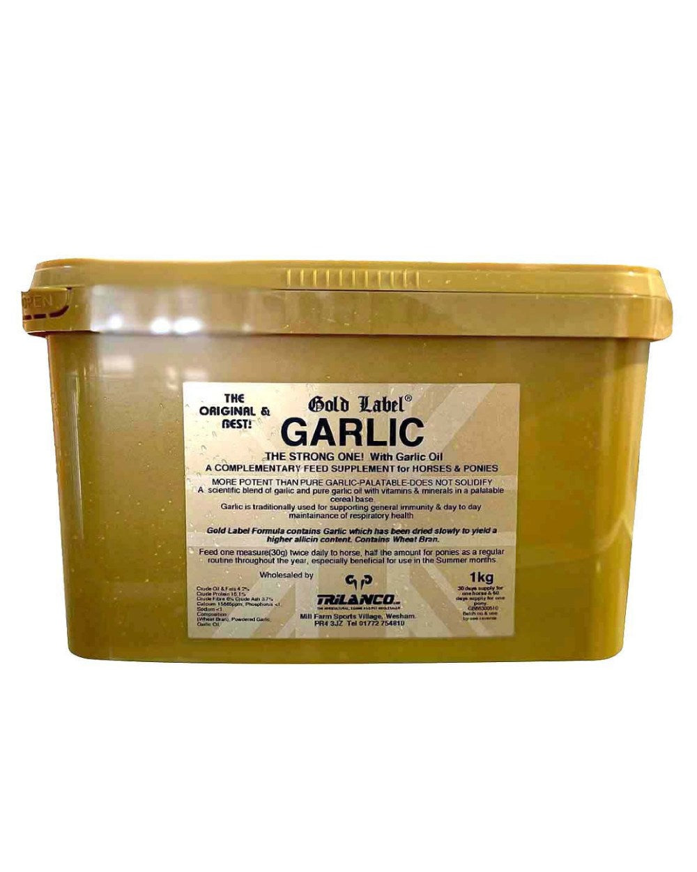 Gold Label Garlic Powder On A White Background