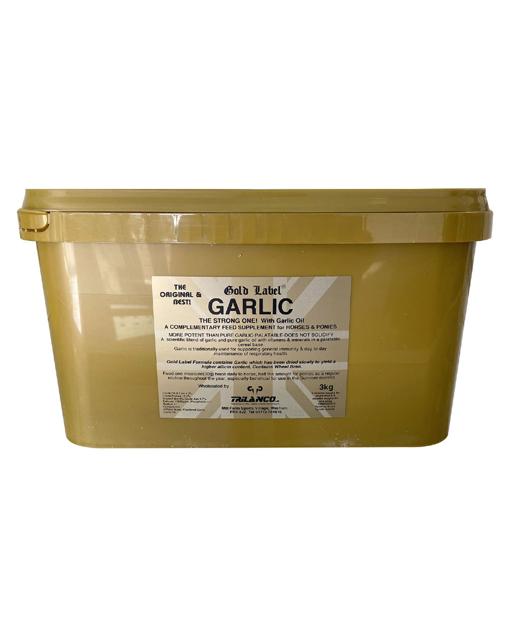 Gold Label Garlic Powder On A White Background