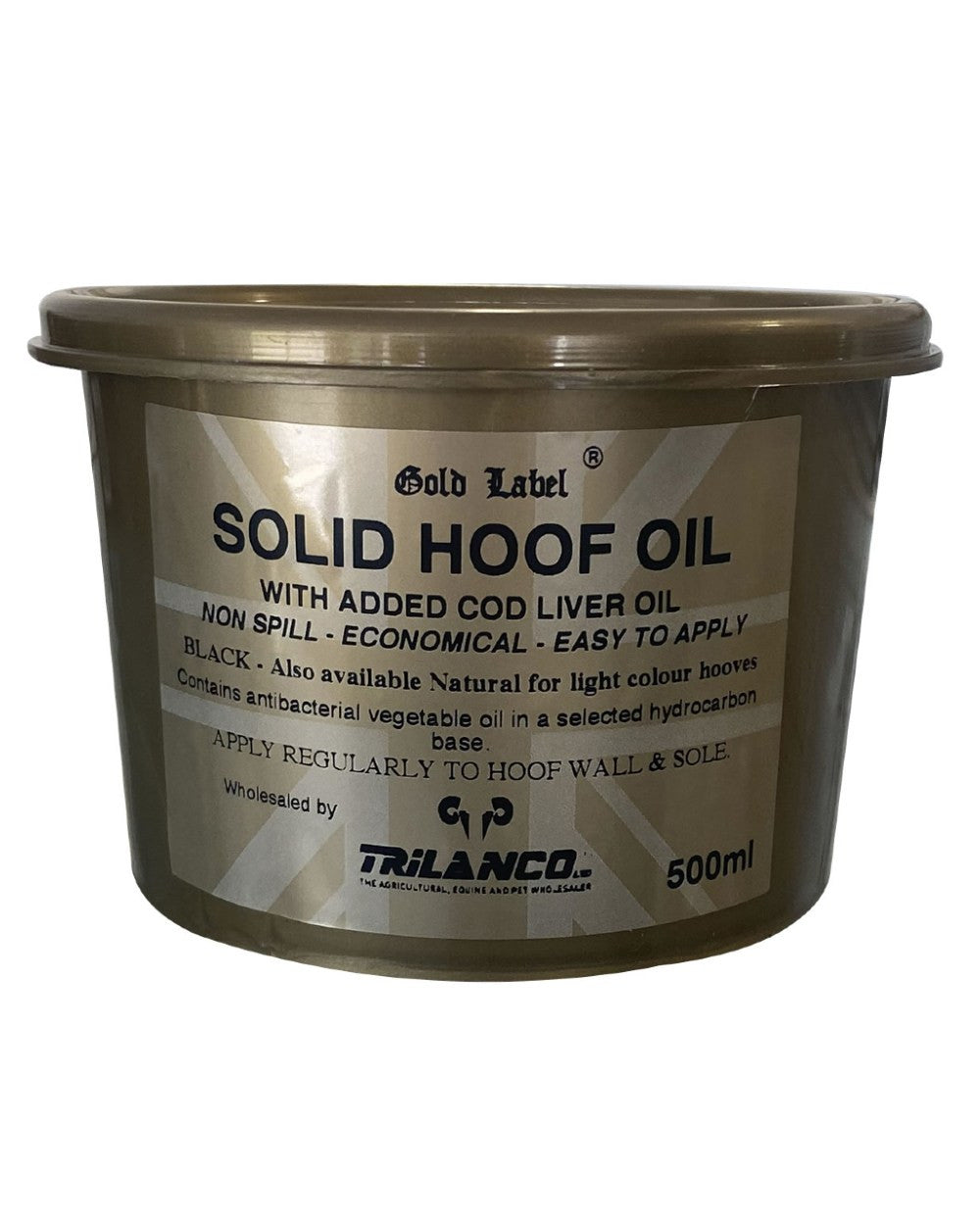 Black Coloured Gold Label Solid Hoof Oil On A White Background