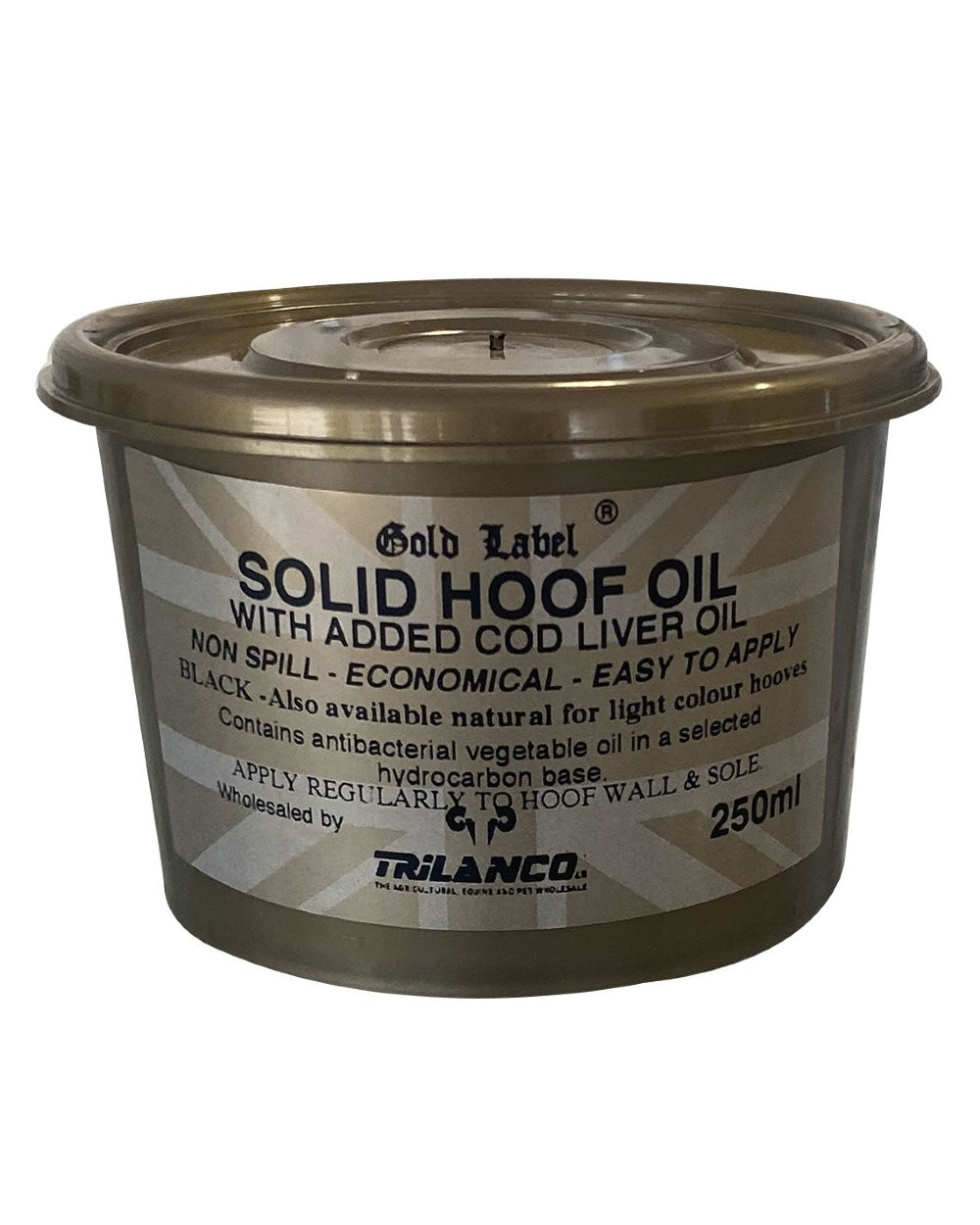 Black Coloured Gold Label Solid Hoof Oil On A White Background