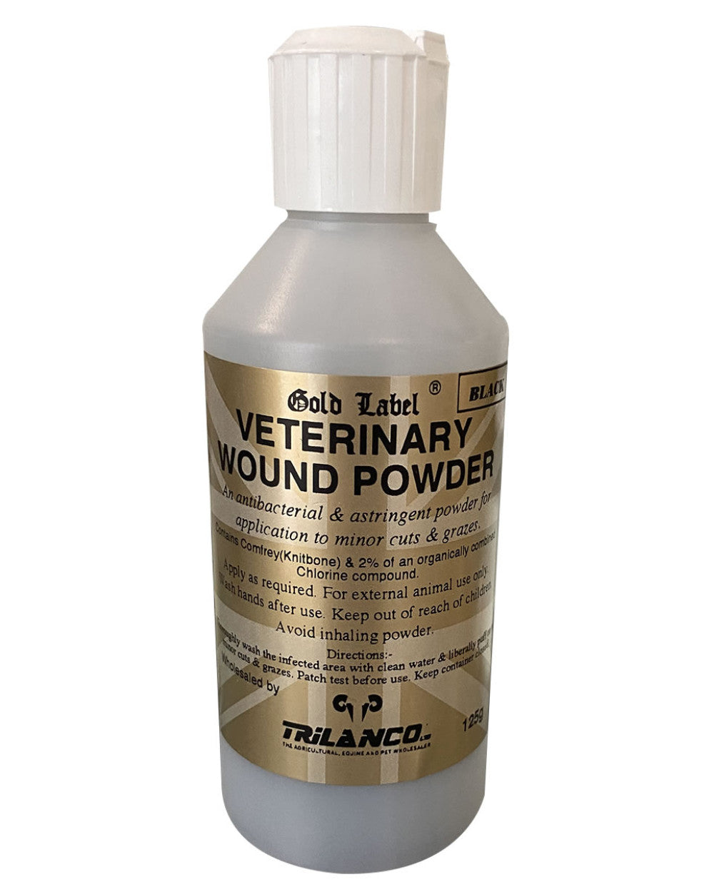 Black Coloured Gold Label Veterinary Wound Powder On A White Background