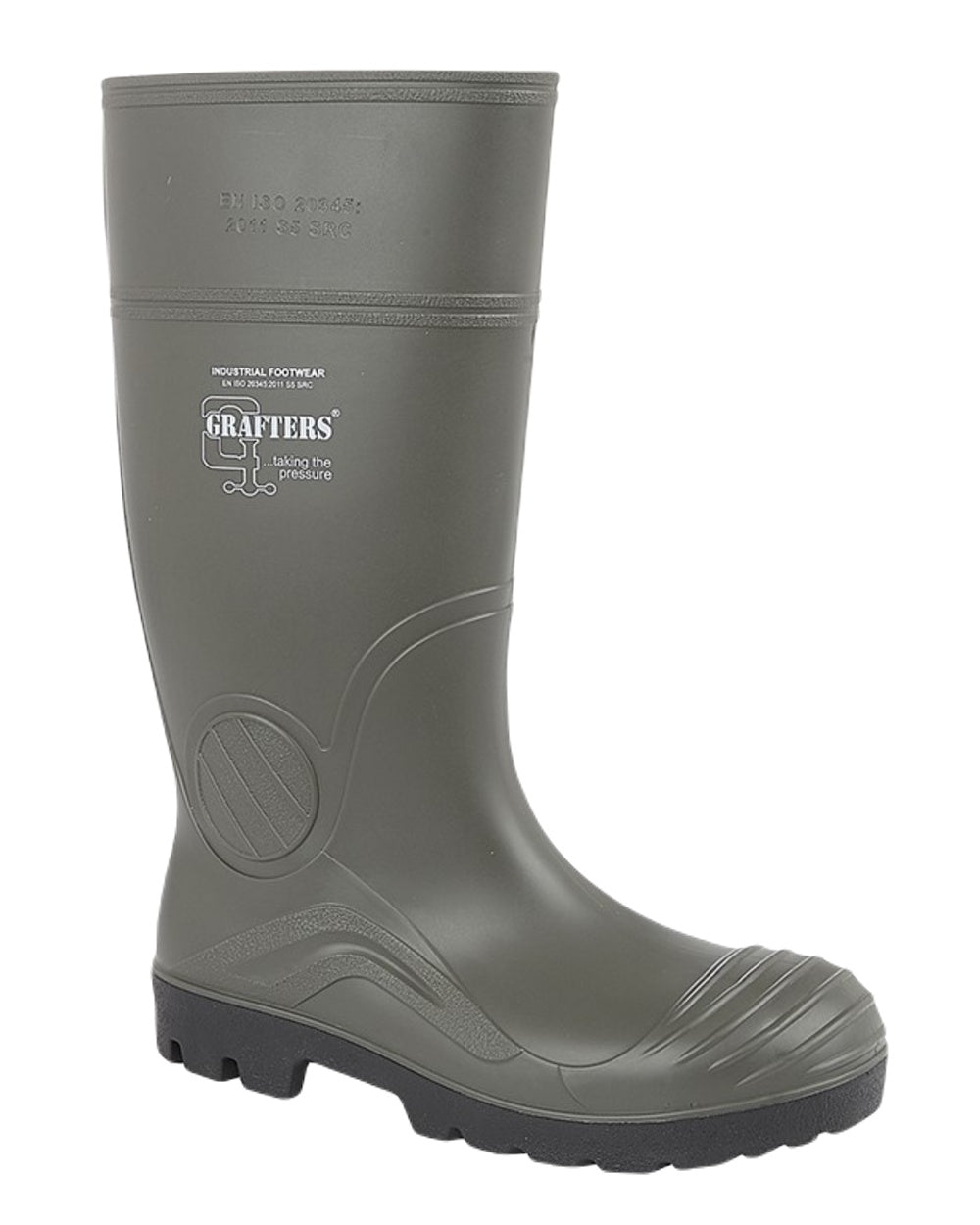 Green Coloured Grafters Full Length Safety Wellington Boots on White Background