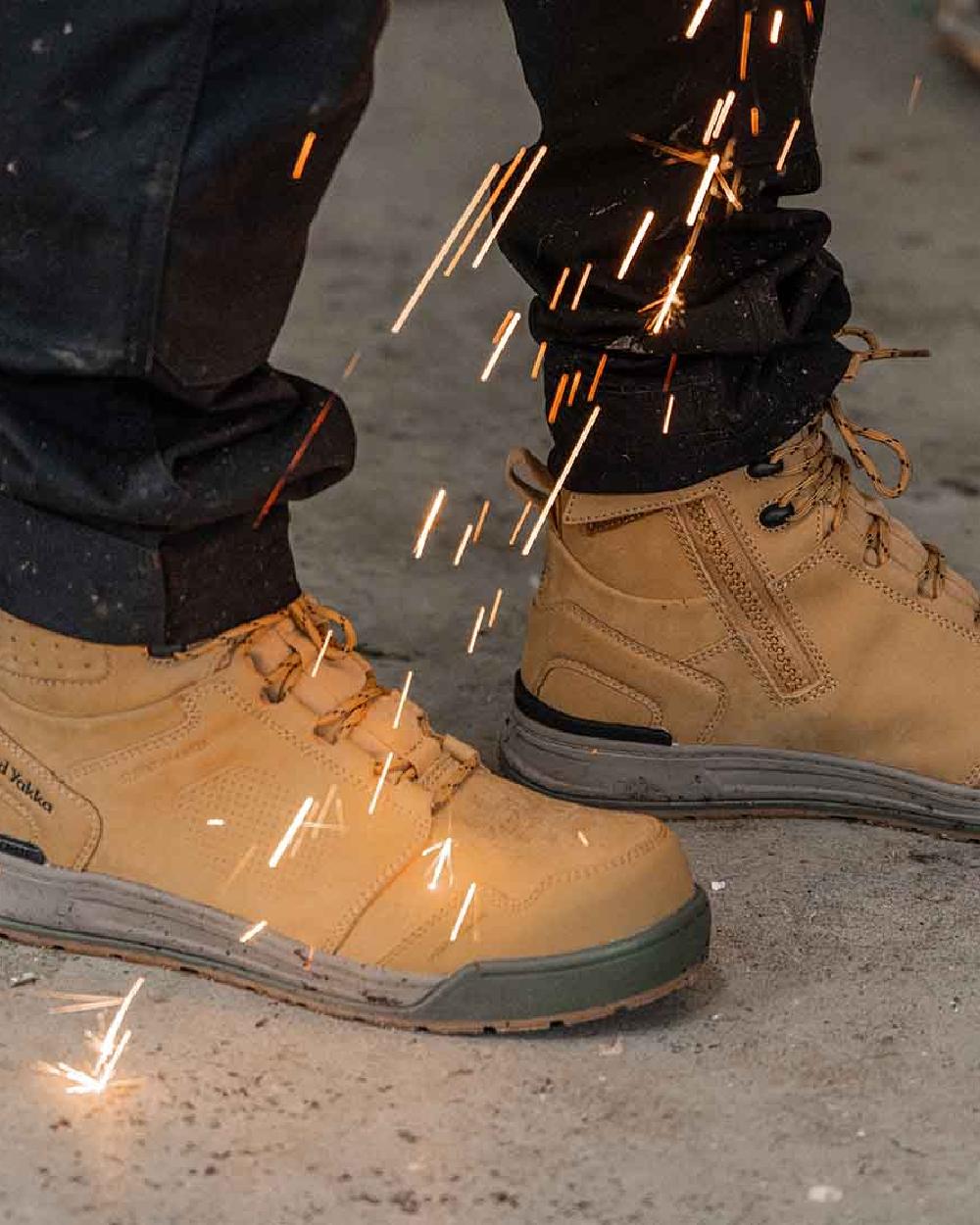 Wheat Coloured Hard Yakka Mens 3056 Lace Zip Safety Boots on Indoor Background