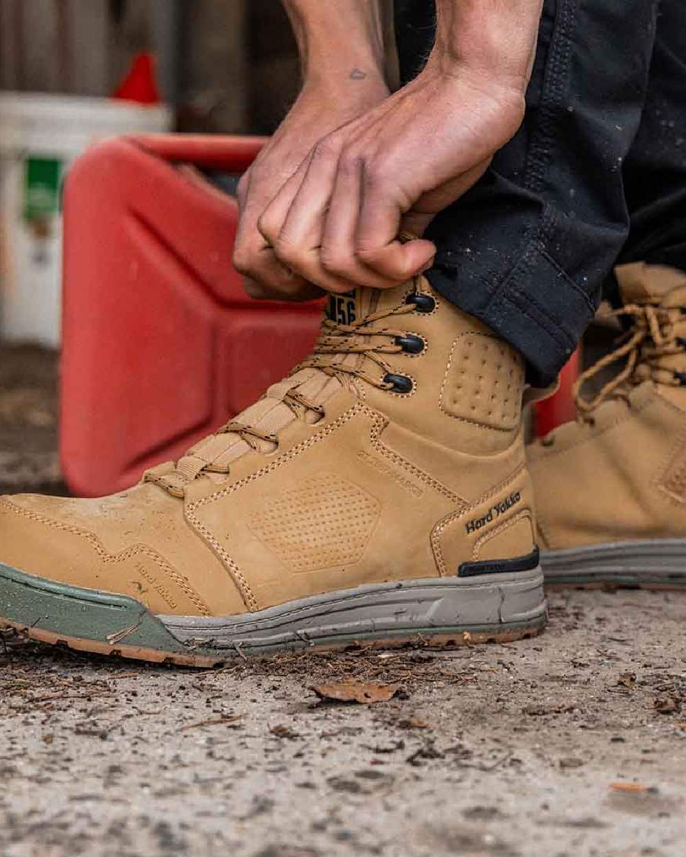 Wheat Coloured Hard Yakka Mens 3056 Lace Zip Safety Boots on Indoor Background