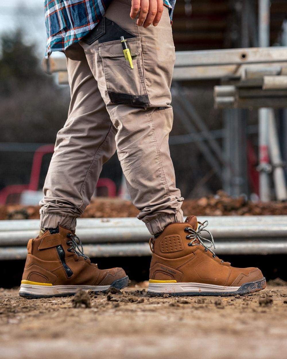 Tobacco Coloured Hard Yakka Mens 3056 S7S 6 Safety Boots on Outdoor Background