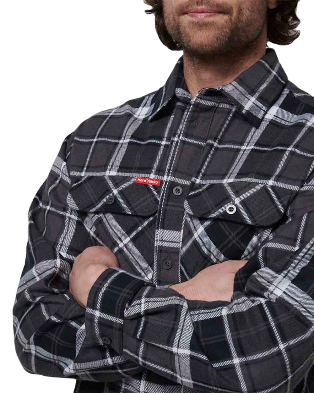 Charcoal Coloured Hard Yakka Mens Lightweight Check Flannel Shirt on White Background