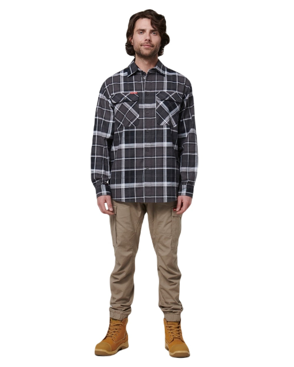 Charcoal Coloured Hard Yakka Mens Lightweight Check Flannel Shirt on White Background