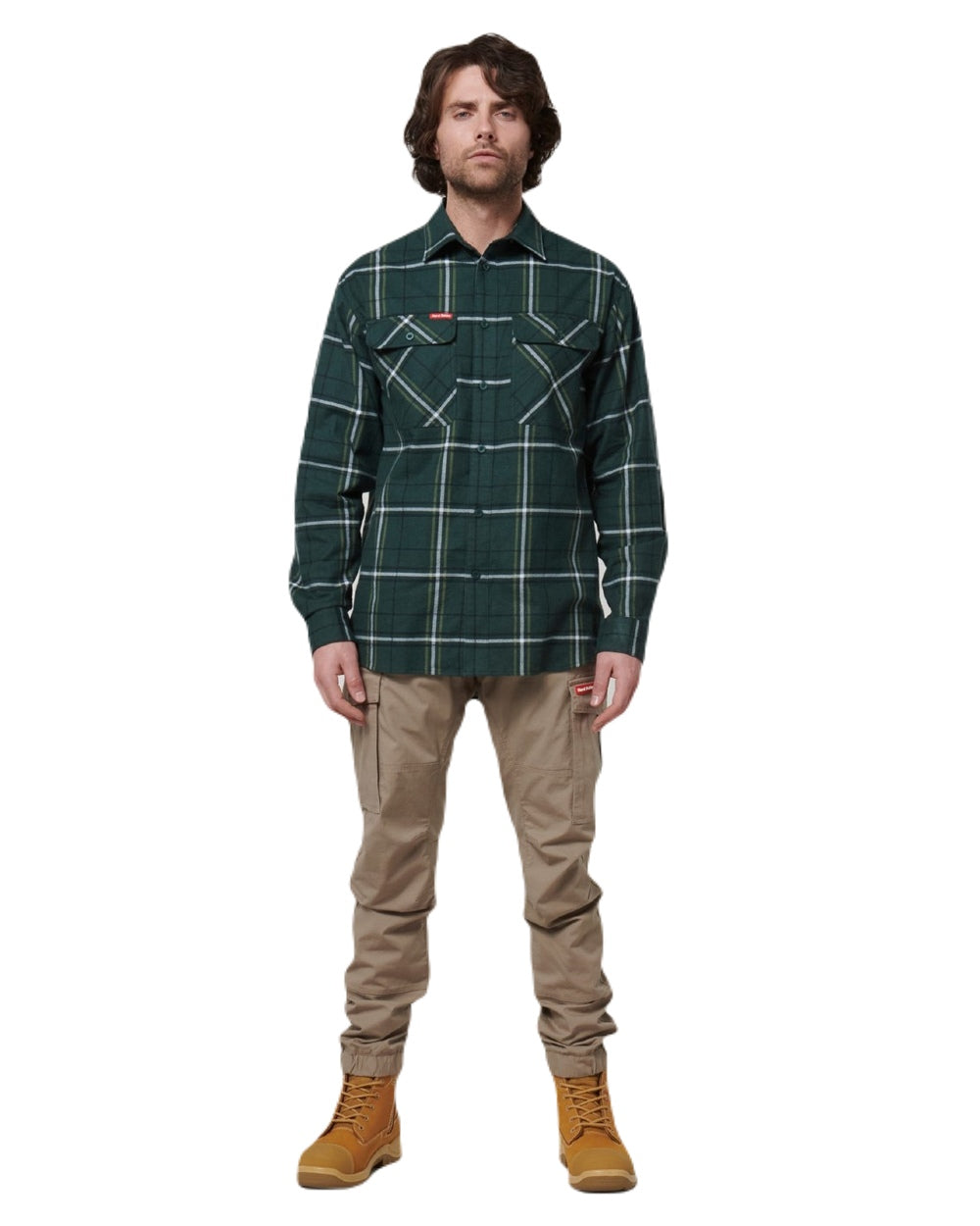 Green Coloured Hard Yakka Mens Lightweight Check Flannel Shirt on White Background