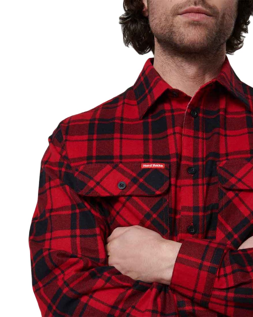 Red Coloured Hard Yakka Mens Lightweight Check Flannel Shirt on White Background