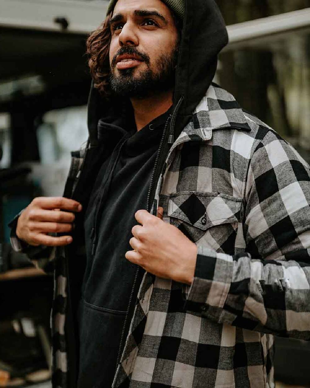 Grey Colour Hard Yakka Mens Quilted Flannel Shacket on Outdoor Background