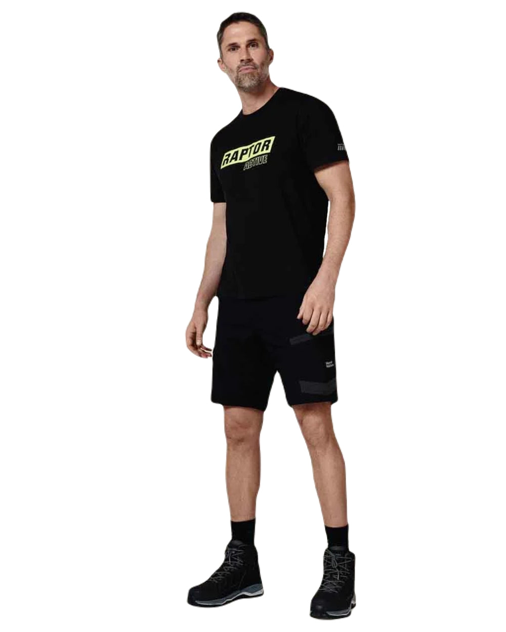 Black Coloured Hard Yakka Raptor Active Cargo Shorts on White Background