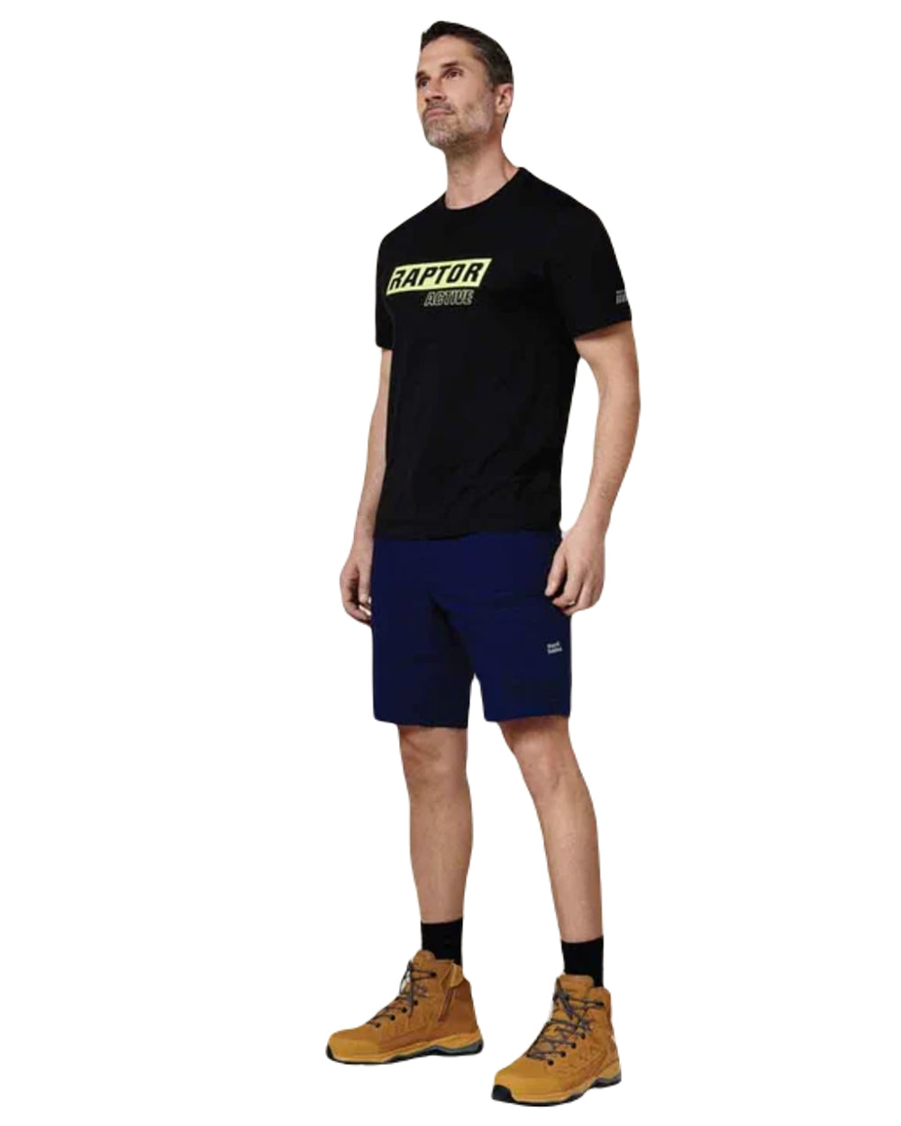 Navy Coloured Hard Yakka Raptor Active Cargo Shorts on White Background