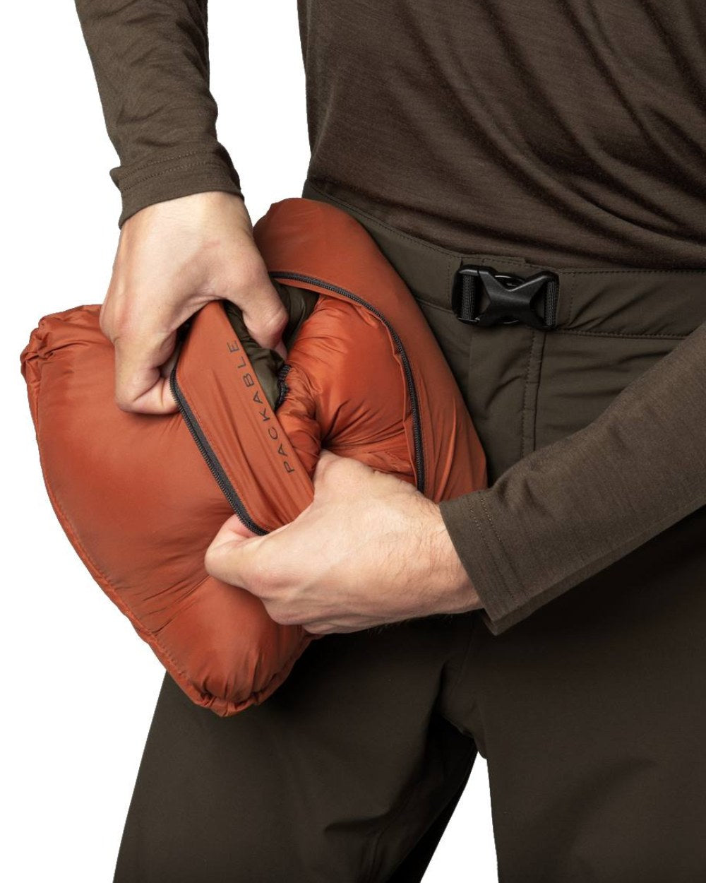 Willow Green Coloured Harkila Logmar Insulated Packable Hooded Jacket on white background