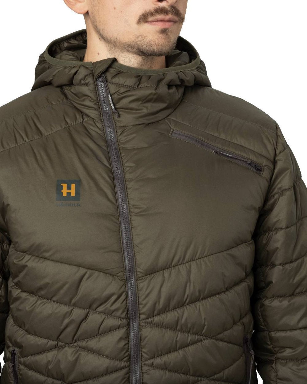 Willow Green Coloured Harkila Logmar Insulated Packable Hooded Jacket on white background