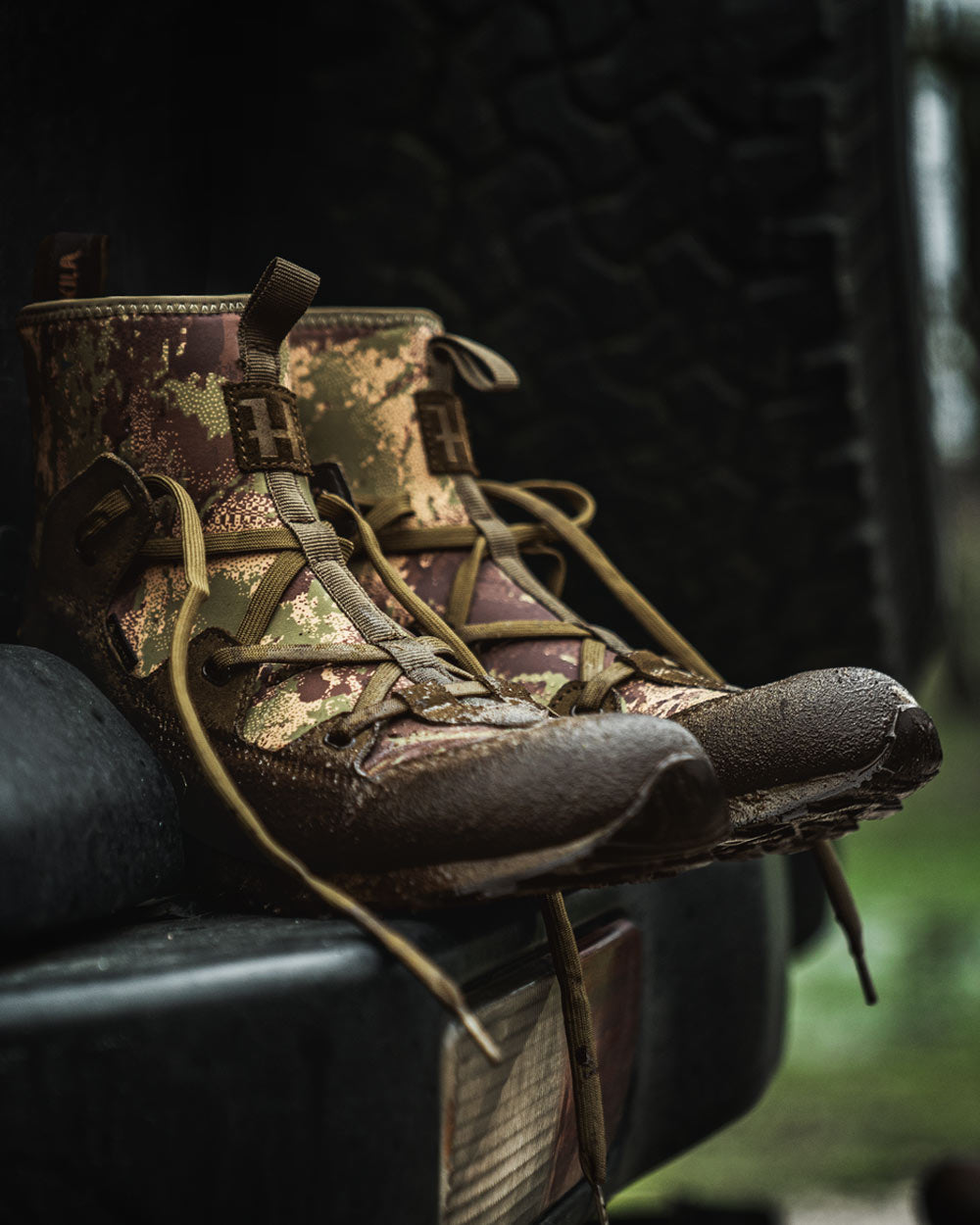 AXIS Forest coloured Harkila Stalking Sneaker GTX Boots on Truck Tail background