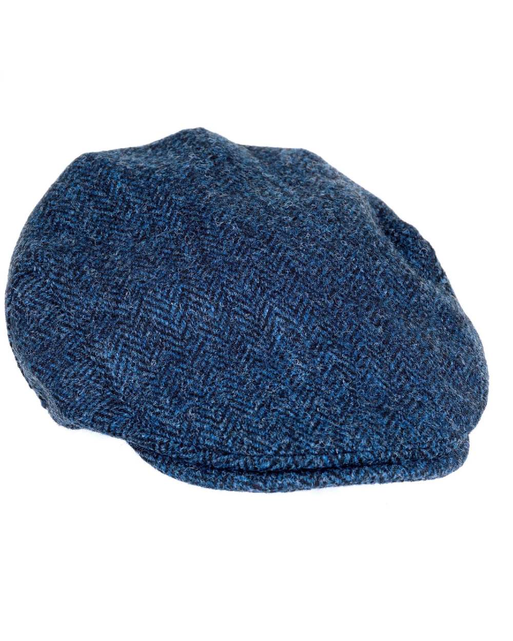 Blue Black Coloured Heather Highland Harris Tweed Flat Cap On A White Background