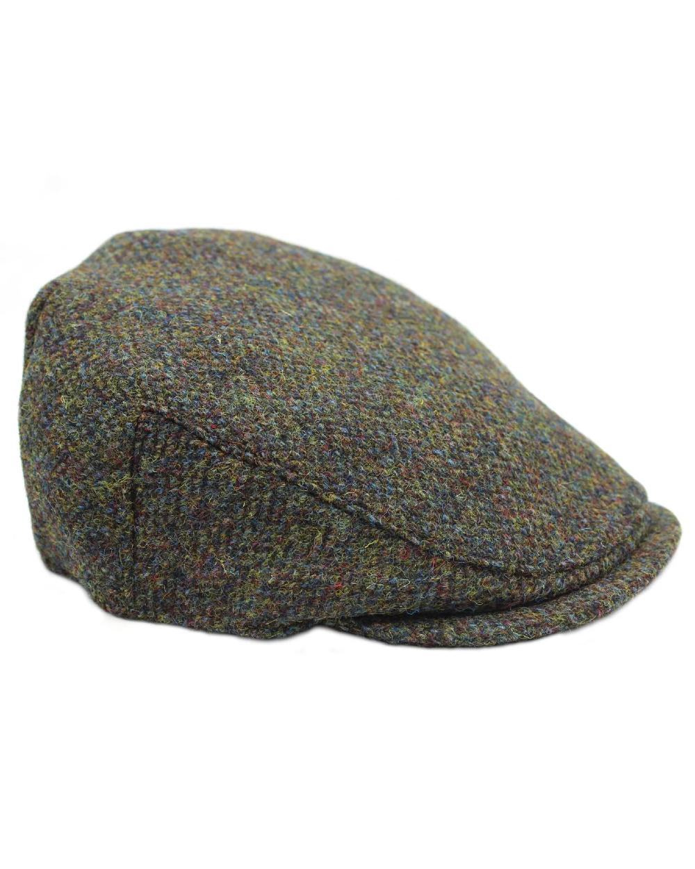 Forest Coloured Heather Highland Harris Tweed Flat Cap On A White Background