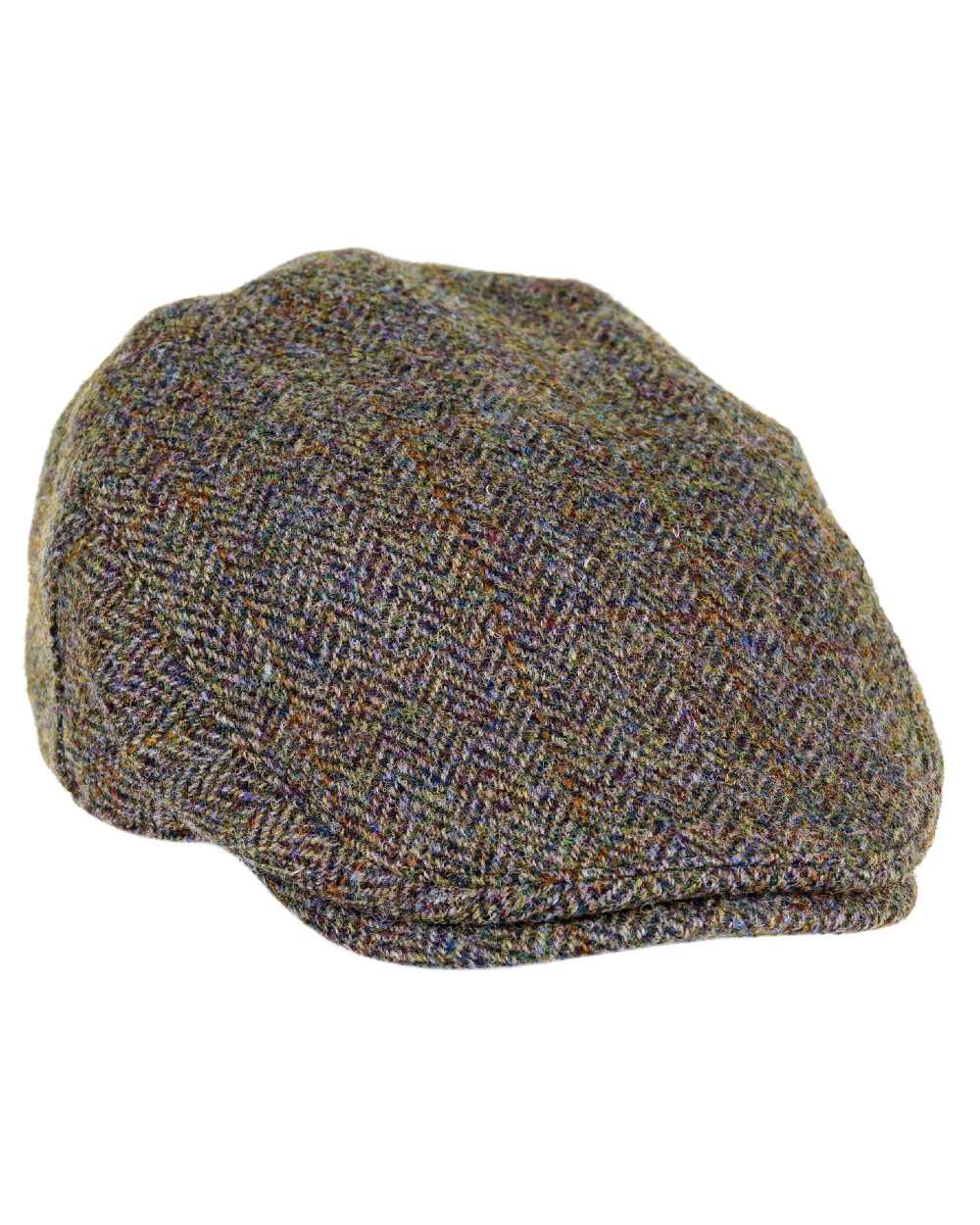 Green Brown Herringbone Coloured Heather Highland Harris Tweed Flat Cap On A White Background