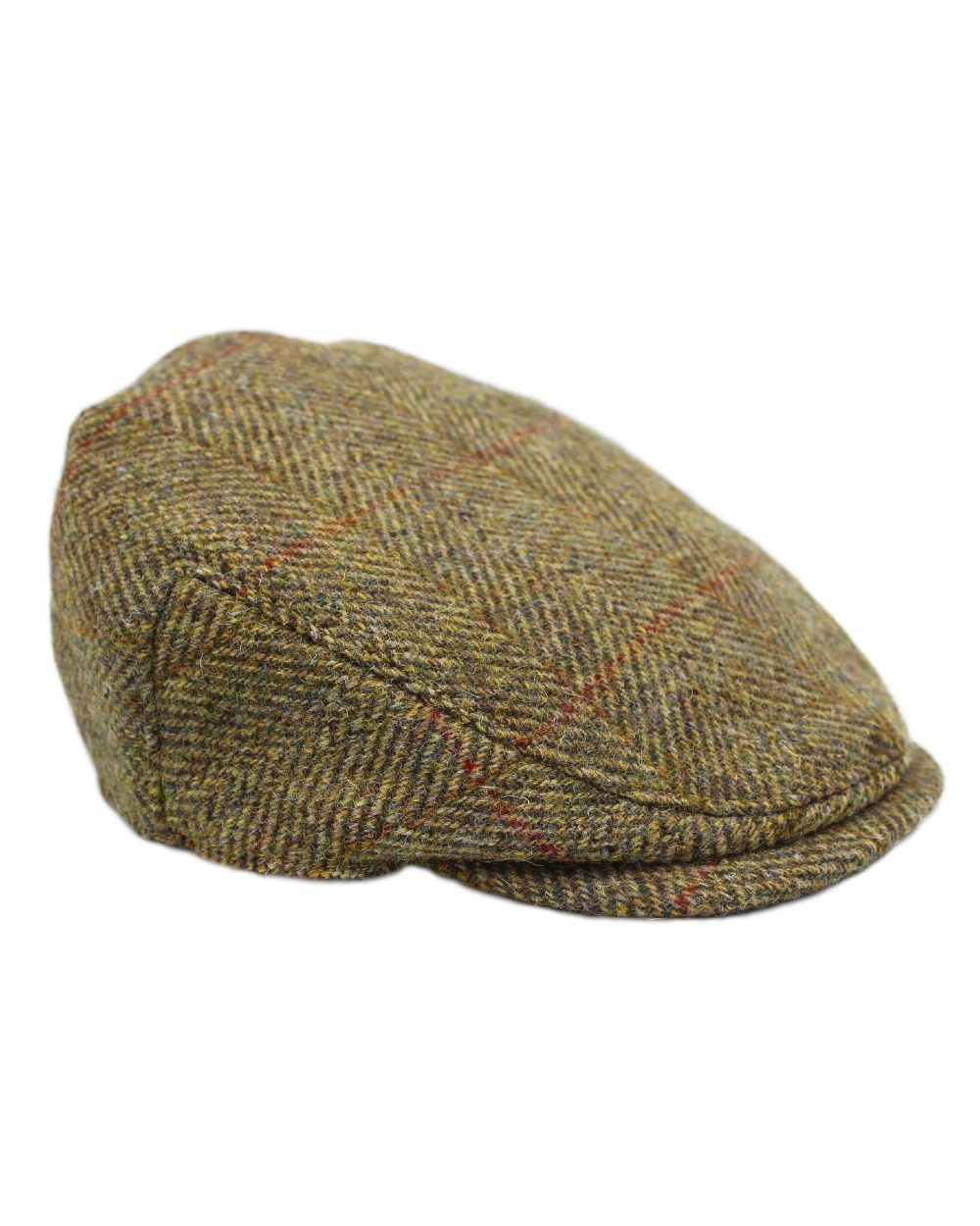 Olive Gold Coloured Heather Highland Harris Tweed Flat Cap On A White Background