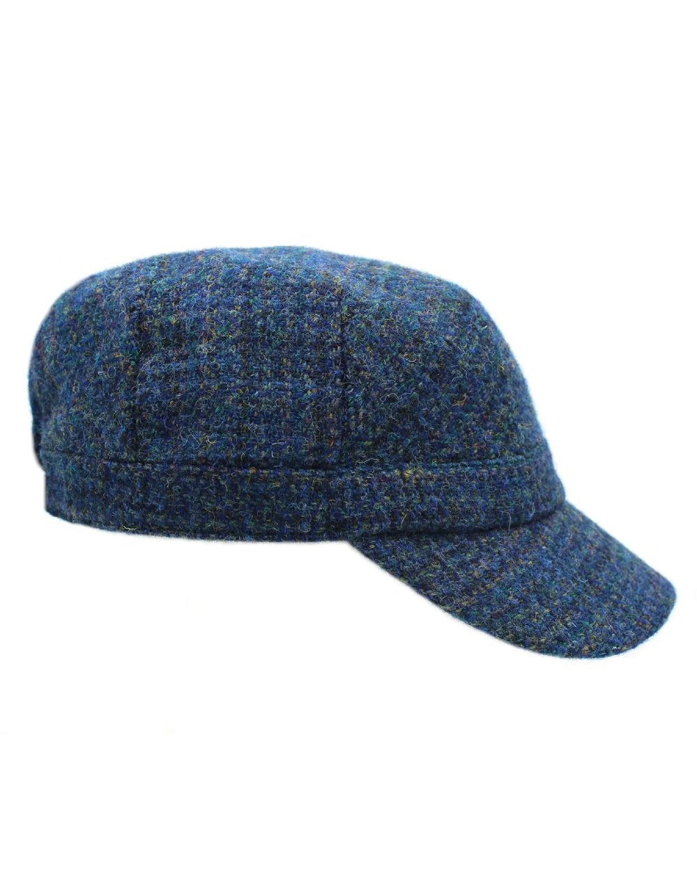 Peacock Blue Herringbone Coloured Heather Rhona Harris Tweed Cadet Cap On A White Background