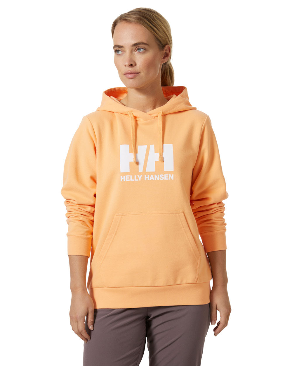 Miami Peach coloured Helly Hansen Womens Logo Hoodie 2.0 on White background