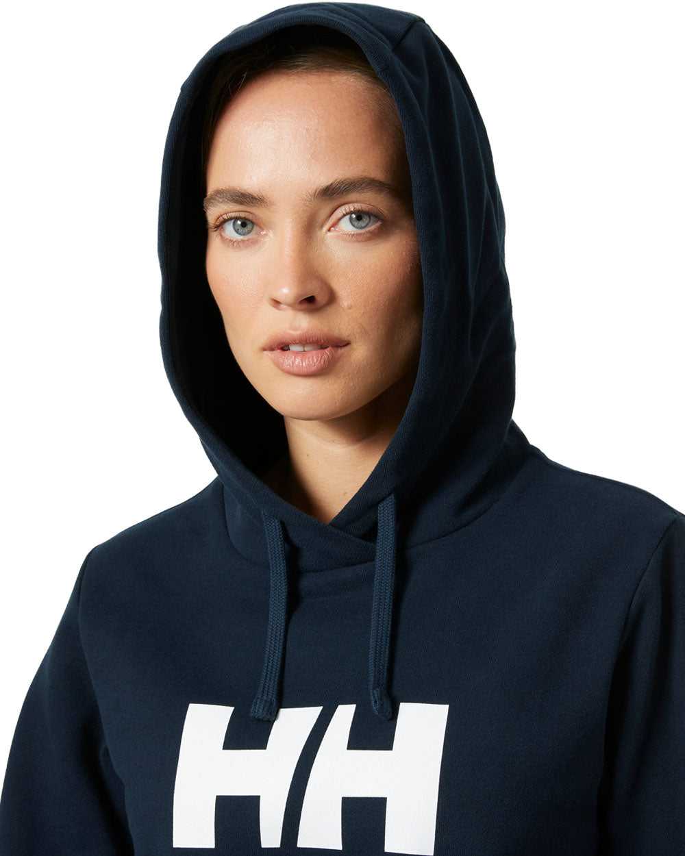 Navy coloured Helly Hansen Womens Logo Hoodie 2.0 on White background