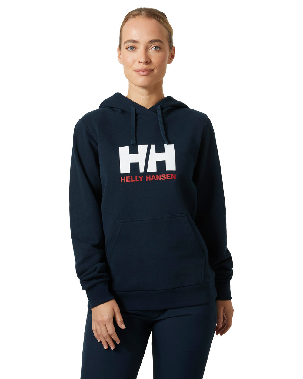 Navy coloured Helly Hansen Womens Logo Hoodie 2.0 on White background