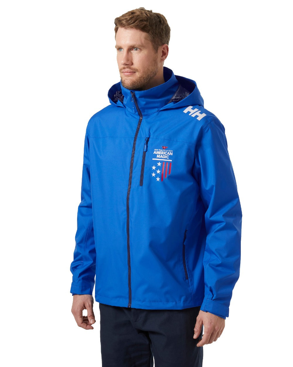 Cobalt 2.0 coloured Helly Hansen American Magic Crew Hooded Jacket 2.0 on white background 